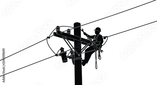Bild auf Leinwand Lineman working on a utility pole with high voltage wires black silhouette