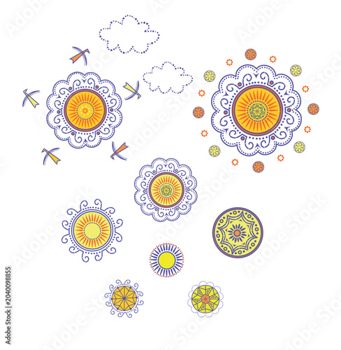 Decorative abstract sun silhouettes set for logo, fabric, textile, wrapping paper, wallpaper, web design