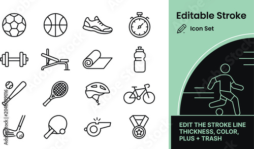 Collection of minimalist line art icons depicting various sports, fitness activities, and healthy lifestyle elements with editable strokes.