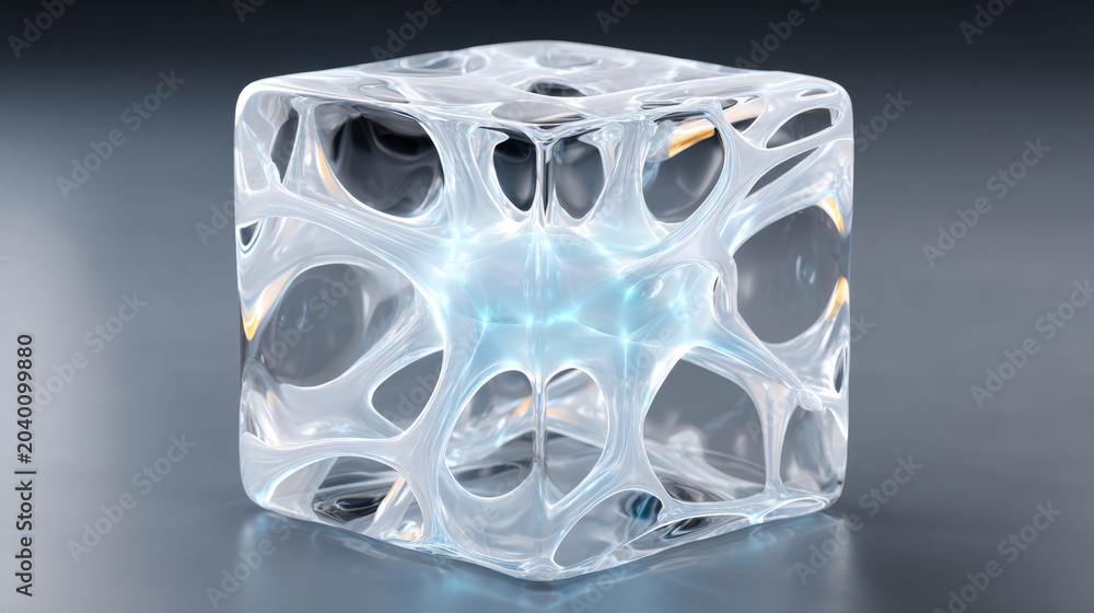 Fototapeta premium A cube-shaped glass object with a network of holes and ridges, creating an intricate pattern throughout its structure