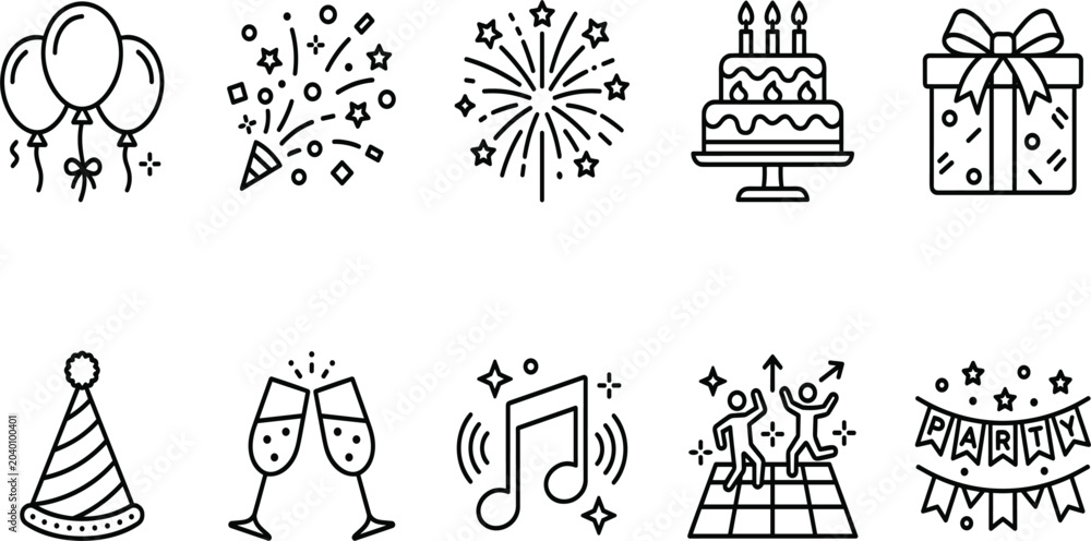 Fototapeta premium Party Celebration Line Icon Set Featuring Balloons, Fireworks, Birthday Cake, Gift Box, Champagne Glasses, Music Notes, and Festive Decorations