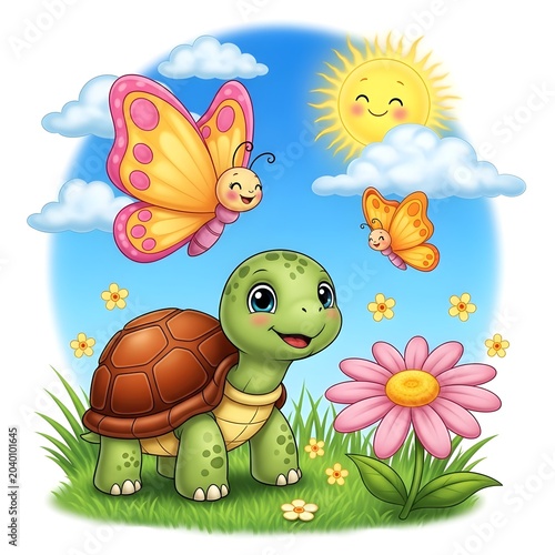 Cheerful cartoon turtle stands in a colorful garden with butterflies, a big pink flower and smiling sun,  perfect for kids books, nursery décor, educational and spring designs