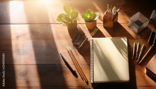 notebooks and stationery on a wooden table with natural light shining