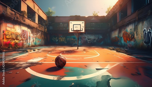 urban basketball court with graffiti and a bouncing ball in an abandoned area during daylight generative ai