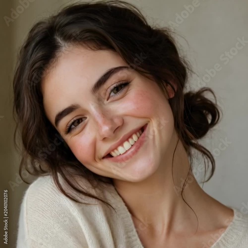 The girl wears glasses, she takes off her glasses and smiles sweetly