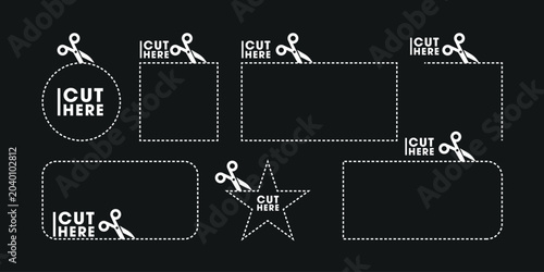 Cut Here and Open Here Signs with Scissors Dotted Line for Coupon Sales Packaging Label, vector illustration