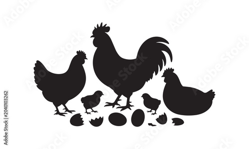 Принти на полотні Group of farm poultry including chickens and chicks with eggs and broken shells