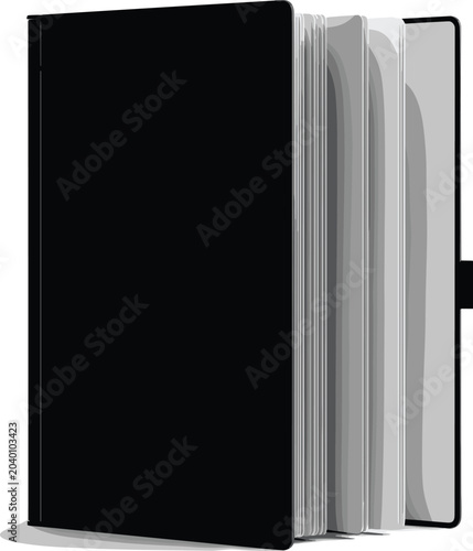 Black notebook with blank pages standing upright on white background