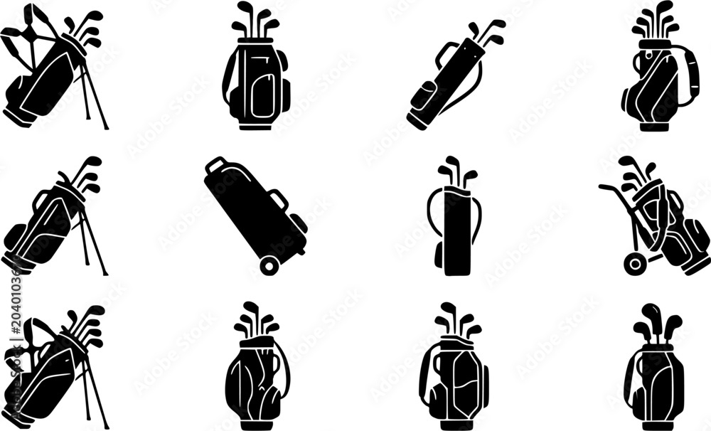 Naklejka premium Golf bag silhouette icon set, flat black glyph style, pure white background