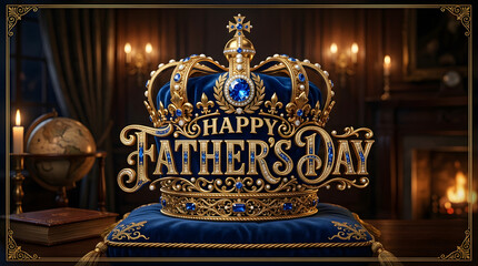 Happy Fathers Day celebration with blue and gold crown on velvet cushion transparent background