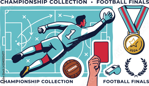 Konstfotografi Minimalist retro soccer tournament graphics set with goalie jumping catch action