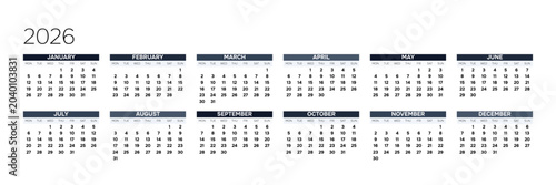 Foto English 2026 Horizontal 6x2 Grid Modern Annual Calendar Poster Corporate Yearly Planner Layout (Compatible with 2037 and 2043)