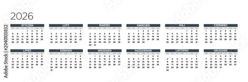 Quadro su tela Polish 2026 Horizontal 6x2 Grid Modern Annual Calendar Poster Corporate Yearly Planner Layout (Compatible with 2037 and 2043)