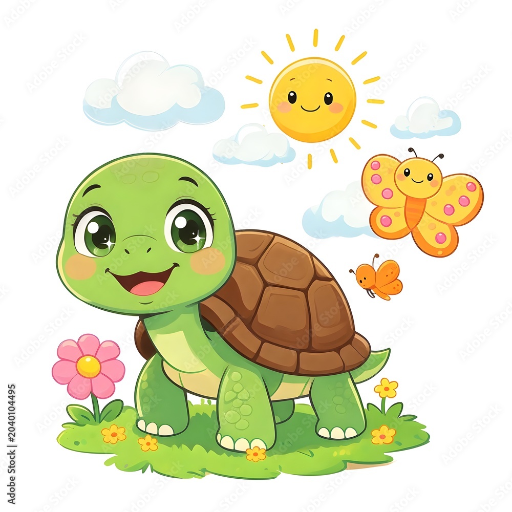 Obraz premium Adorable cartoon turtle smiles on grassy meadow with bright sun, cheerful butterflies and colorful flowers , a playful children’s illustration conveying happiness, innocence, nature and springtime fun