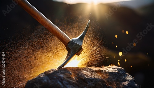 heavy metal pickaxe striking dark rock surface with bright golden sparks and dust flying in sunlight
