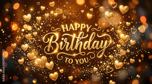 Golden Happy Birthday text with hearts and confetti on dark background transparent background