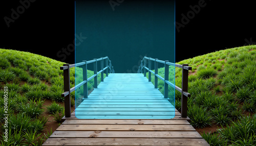 Wooden bridge extending from green hill across digital chasm  