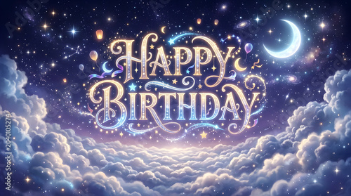 Whimsical Happy Birthday text with clouds stars and moon in the night sky transparent background