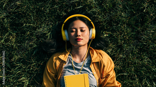 Young woman listening to music on grass