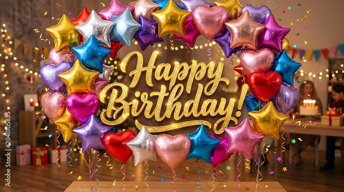 Happy birthday celebration with colorful balloons and confetti decorations indoors transparent background