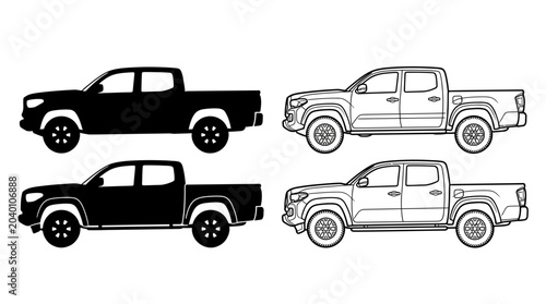 Tableau sur toile pickup truck silhouettes and line drawings silhouette