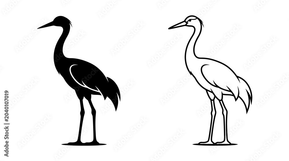 Fototapeta premium crane bird silhouette and line drawing black