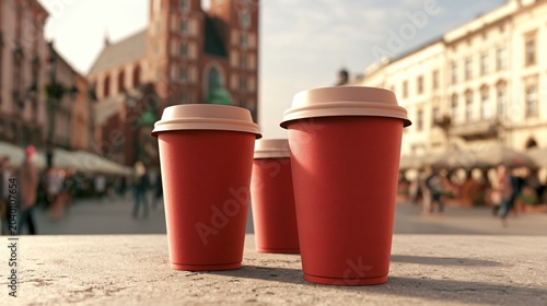 Two Red Coffee Cups in Busy City Square Outdoors: Urban Lifestyle