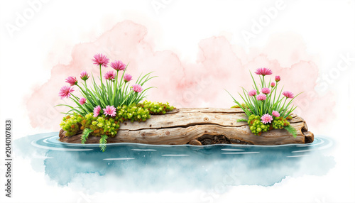 Driftwood log floating on calm water with lush flowers growing  