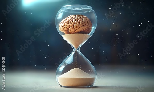 Brain inside hourglass filled with sand representing passage of time and thought process.
