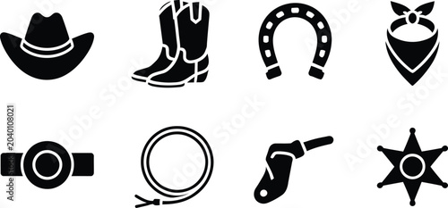 Slika na platnu Collection of diverse cowboythemed icons representing Western culture and lifest