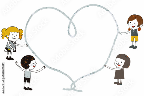 Slika na platnu Children Holding A Heart shaped Line Vector Illustration