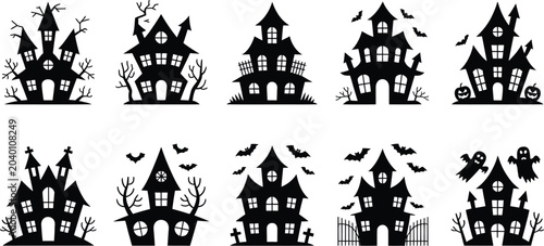 Billede på lærred Collection of spooky haunted houses and associated Halloween elements presented