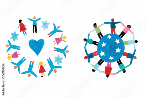 Slika na platnu People holding hands in a circle with hearts and stars vector illustration
