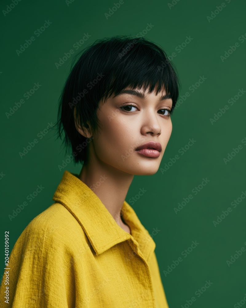 Fototapeta premium Young woman looking away against green studio background, editorial fashion portrait, soft cinematic lighting