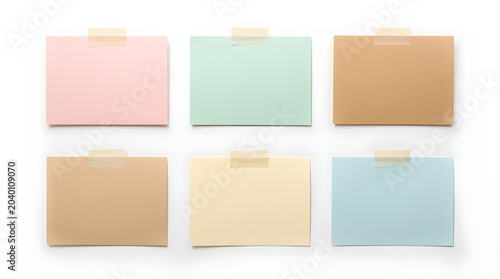 rectangular paper notes arranged in two rows of three. Each note is affixed to a white background with small pieces of beige masking tape at the corners. The top row includes