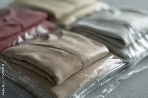 Folded clothes in vacuum storage bags. Space saving packing organization for travel. Wardrobe management concept