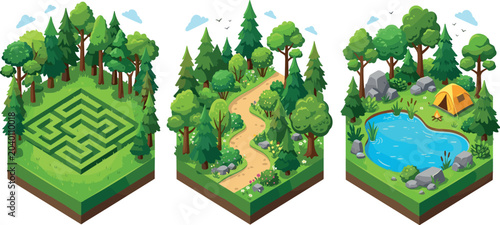 Konstfotografi Isometric Forest Ecosystem Set with Green Maze Garden, Winding Forest Trail, and