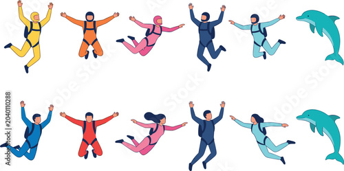 Tableau sur toile Skydiving Parachutists and Jumping Skydivers Character Set with Extreme Sports A