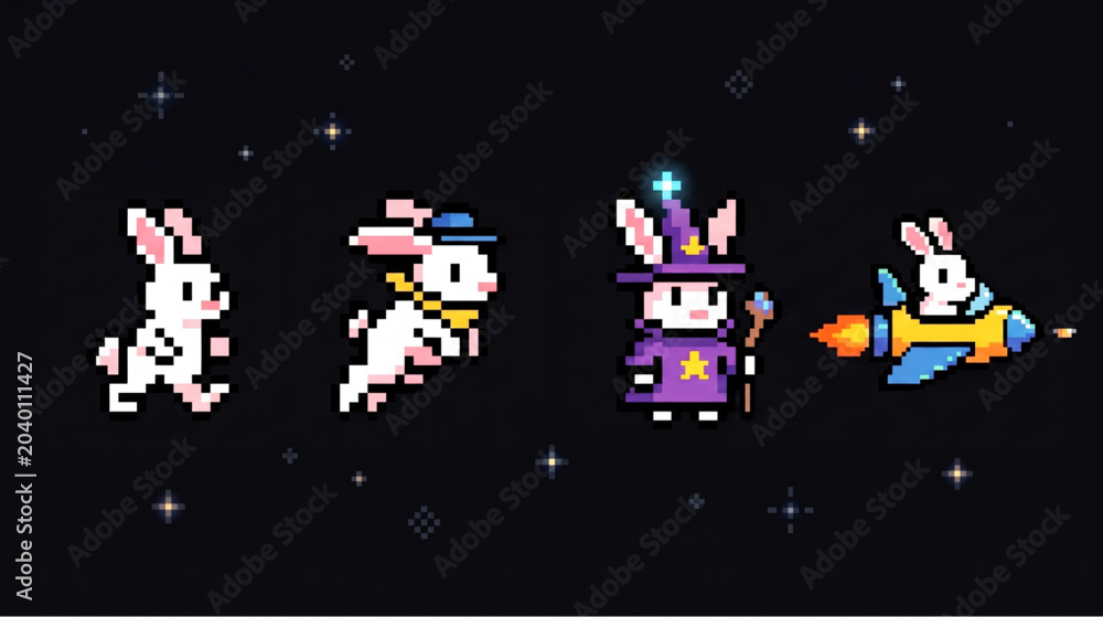 Fototapeta premium Retro Pixel Art Space Rabbit Character Sprites Set