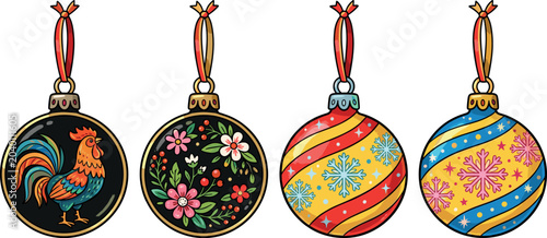 Tableau sur toile Decorative Christmas Bauble Icon Set with Rooster, Khokhloma Flowers, and Snowfl