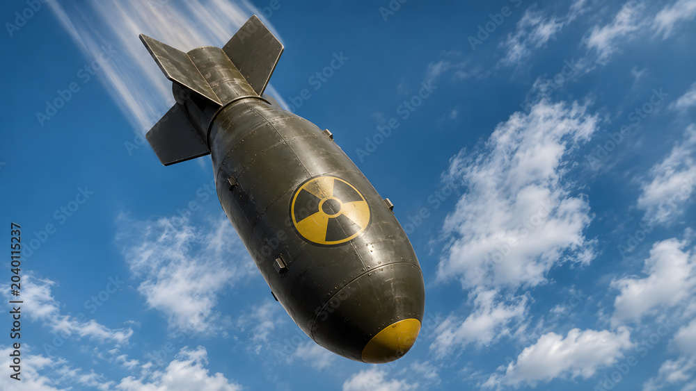 Obraz premium nuclear bomb falling from sky with radiation symbol
