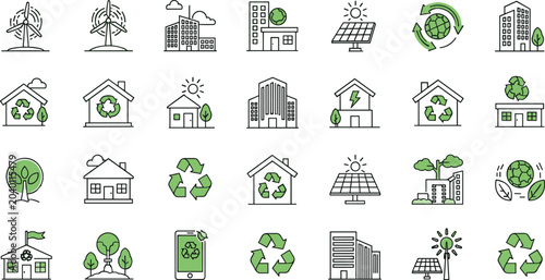 Cuadro en lienzo Green eco city outline icons mega set with renewable energy solar panels wind tu