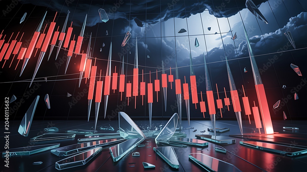Naklejka premium A dramatic digital illustration of a crashing stock market graph with shattered screens and red bars on a dark background