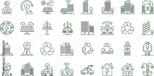 Quadro su tela Green eco city outline icons mega set with renewable energy solar panels wind tu