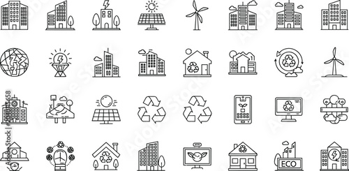 Foto Green eco city outline icons mega set with renewable energy solar panels wind tu