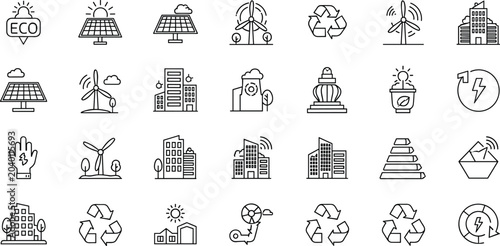 Tableau sur toile Green eco city outline icons mega set with renewable energy solar panels wind tu
