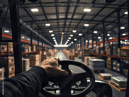 A warehouse worker driving a forklift.