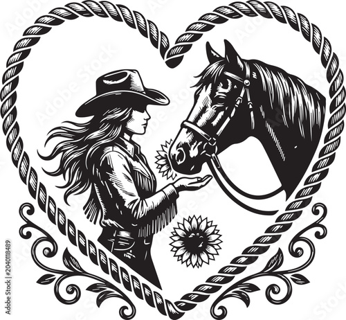 Silhouette logo design in black ink engraving style, a young woman wearing a wide-brim hat with long hair offering a single sunflower on her open palm to a large horse, the horse lowering its head tow
