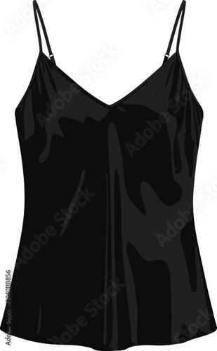 Black silk camisole with thin straps and V-neckline on white background