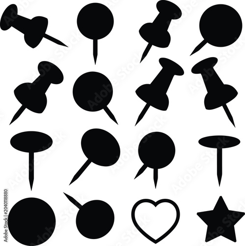 Collection of black push pins and shapes on white background for graphic design